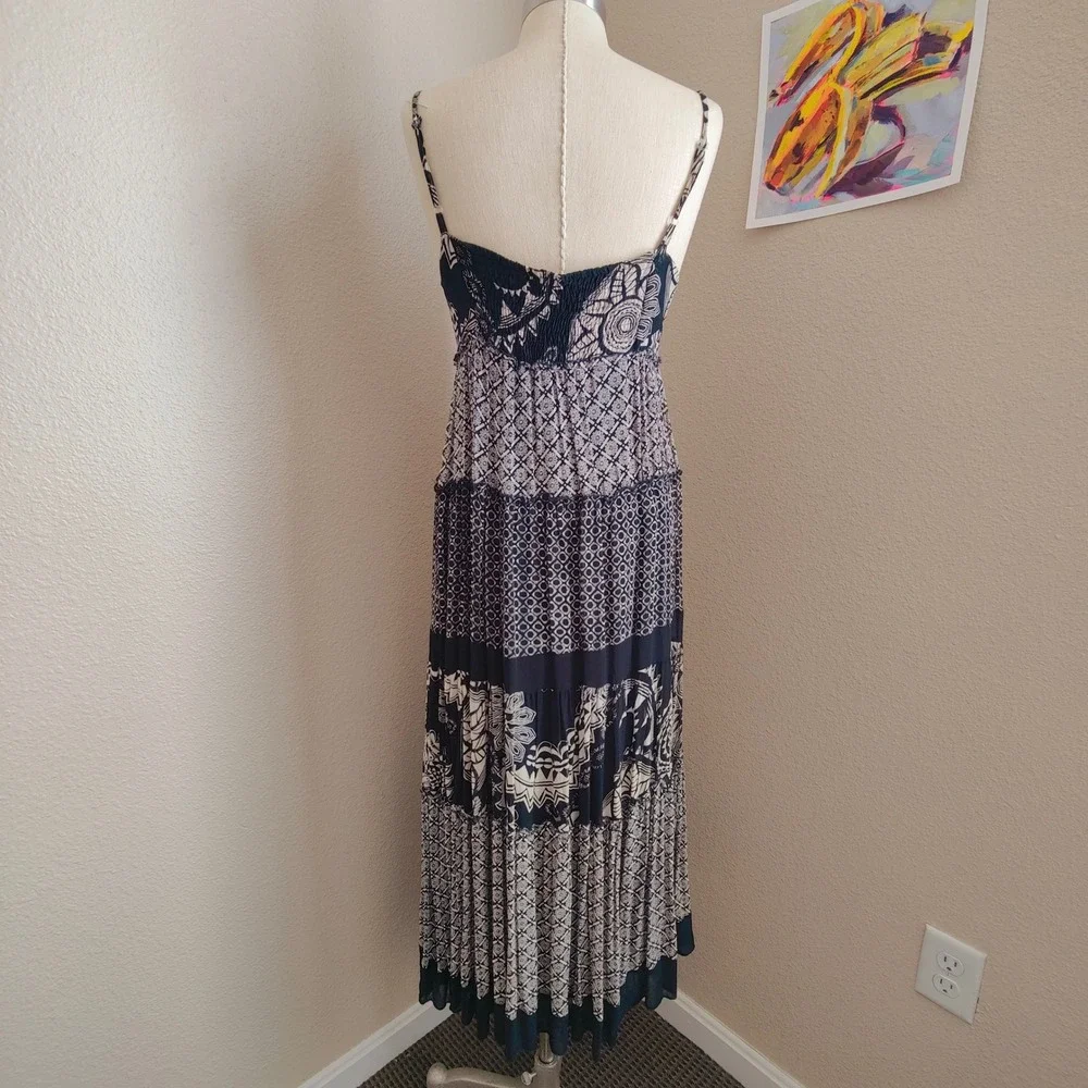 Temptation Boho Patchwork Maxi Dress Black Empire Tiered Spaghetti Strap Rayon M